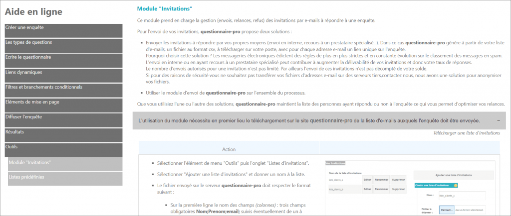 Ecran de l'aide en ligne de questionnaire-pro sur le module Invitations