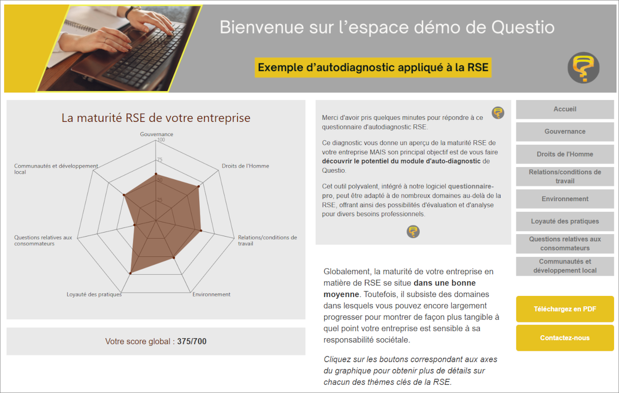 Exemple de résultat de l'autodiagnostic RSE de Questio