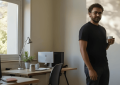 Image d'une personne qui s'éloigne de son ordinateur, tasse de café à la main, évoquant une pause volontaire