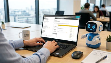 Illustration d'un petit robot à côté d'une personne qui travaille sur l'application questionnaire-pro