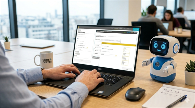 Illustration d'un petit robot à côté d'une personne qui travaille sur l'application questionnaire-pro